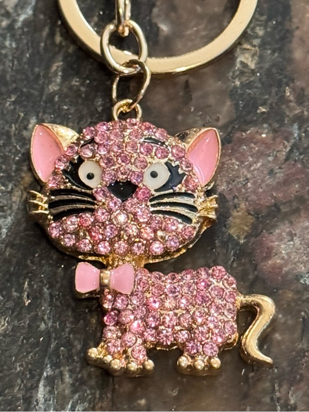 Kitty Cat Bag Charm NIP Keychain Pink Enamel & Rhinestones NEW Gold Tone